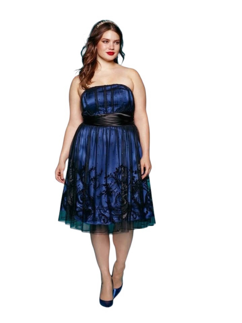 Addition Elle New Noir Strapless Blue Dress Black Flocked Mesh Overlay 14 NWT